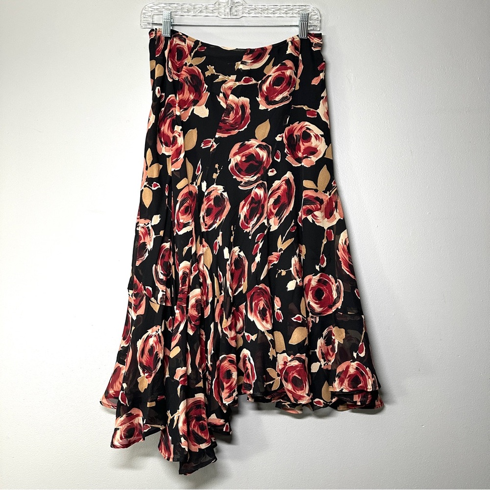 Anne Klein 100% Silk Asymmetrical Maxi Skirt with Floral Design